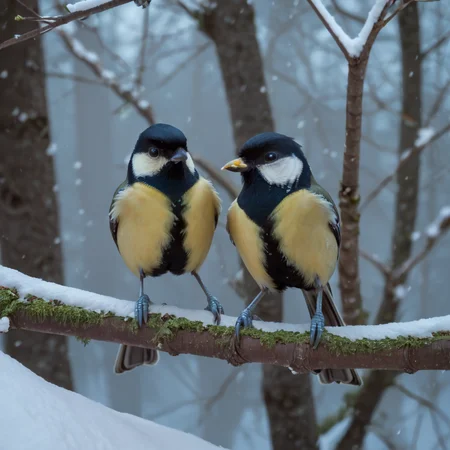 score_9, score_8, score_8_up, nsfw, best quality, <lora:Great_Tits:1>, 2birds, pair of tits, food in beak, best quality, tree, perched, branch, winter, snow