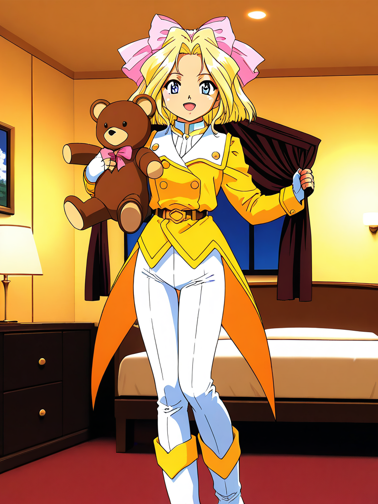 masterpiece, best quality, good quality, <lora:Iris_Chateaubriand_IS:1>  IrisChateaubriand, blonde hair, solo, pink bow, teddy bear, blue eyes, stuffed animal, stuffed toy, bow, fingerless gloves, gloves, under body, 1girl, 
short hair, hair bow, open mouth, 
smile, standing, pants, 1990s (style), boots, ribbon, 
Yellow coattails, looking at viewer, holding, Yellow uniform, tachi-e, white pants. long pants,
hotel room,