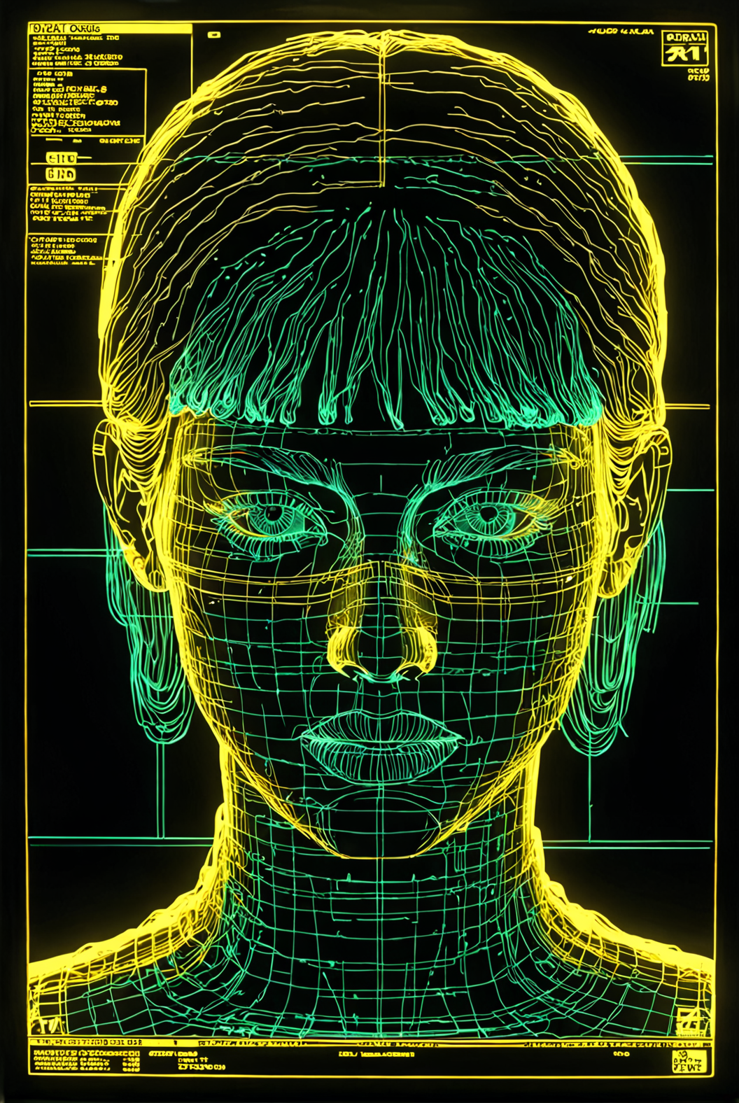 1girl, aqua wireframe of woman, vhs grain, dark lighting, gold reflections, CRT grain, white noise glitch, lineart, portrait, english text, UI display, HUD
[high quality photo, 4k, hd, 7-AnalogueInterfaces, 7-vectors]
<lora:add-detail-xl:0.5> <lora:CRT Vectors v1.0:0.8>