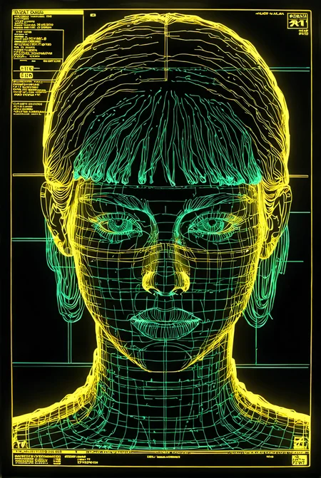 1girl, aqua wireframe of woman, vhs grain, dark lighting, gold reflections, CRT grain, white noise glitch, lineart, portrait, english text, UI display, HUD
[high quality photo, 4k, hd, 7-AnalogueInterfaces, 7-vectors]
<lora:add-detail-xl:0.5> <lora:CRT Vectors v1.0:0.8>