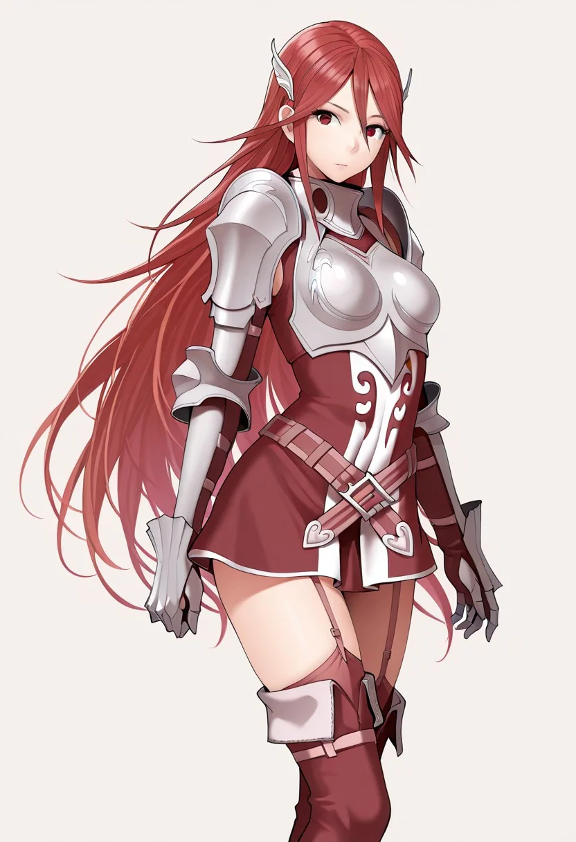 masterpiece, best quality, crimsonj-girl.fightil, ,
1girl, Cordelia, long hair, red hair, hair ornament, red eyes, armor, armored dress, breast plate, belt, thighhighs, garter straps, gauntlets, breasts, boots,
simple background, , perfect anatomy