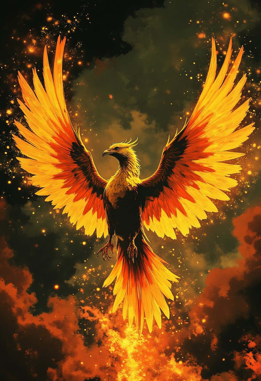 photorealistic image of a phoenix, golden and orange plumage, emerging majestically from the flames, aidmaMJ6.1, vibrant, ethereal