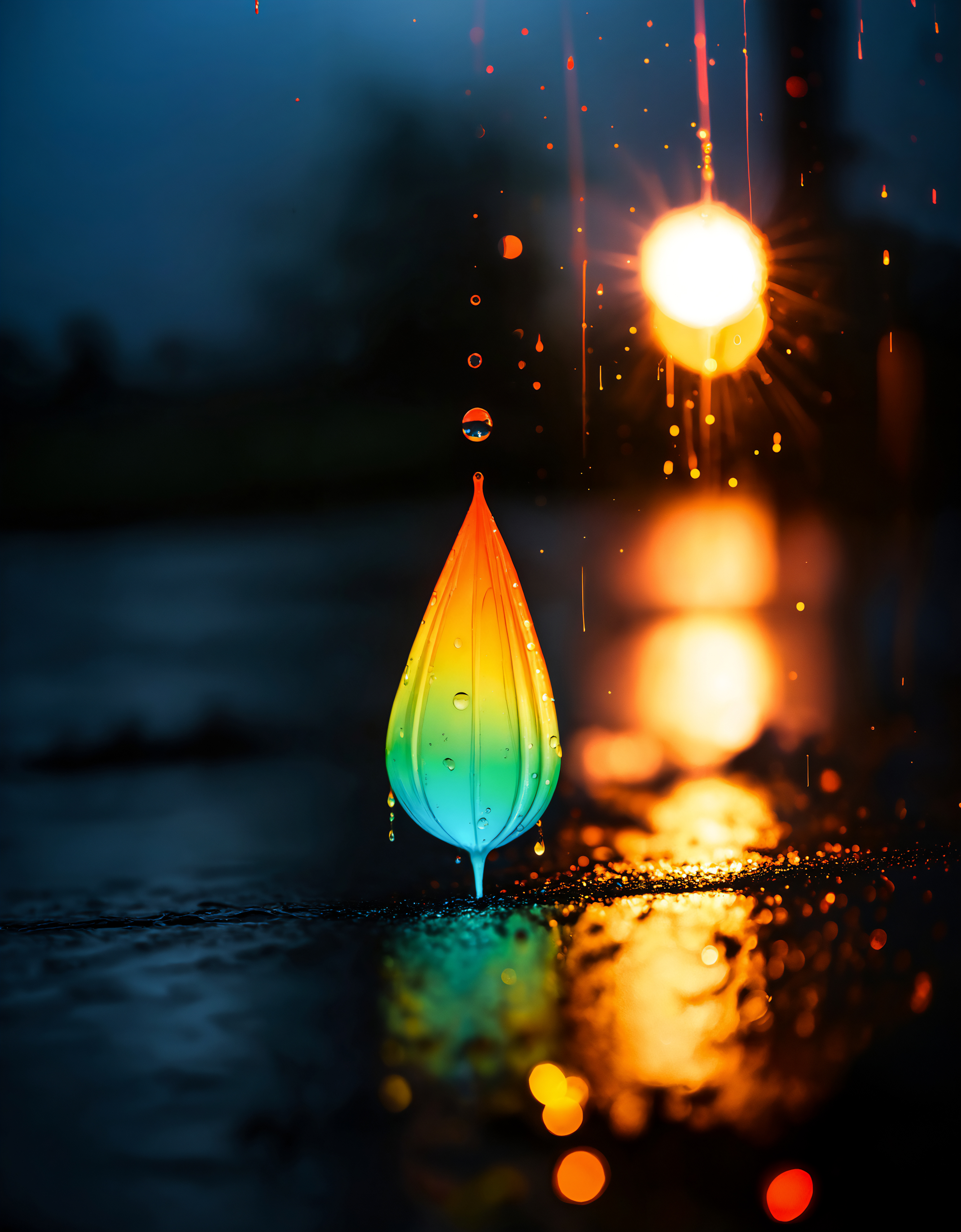 zavy-flrscnc, fluorescent, glowing dust, fluorescent dust, fluorescent spraypaint, fluorescent grain, dust, cinematic film still of a rain drop falling from the sky into water, raining, sunshine, rainbow hue, photorealistic, 100mm f/2.8 macro lens,