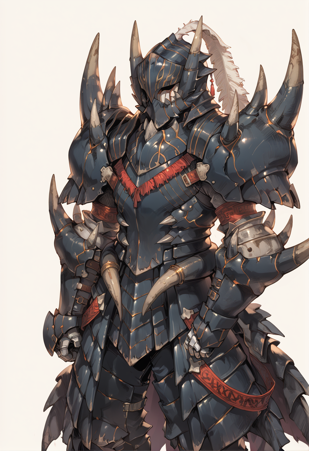 (score_9:0.9),score_8_up,score_7_up,rating_safe,anime style,(zPDXL),<lora:Akantor armor - male ponyXL v1:0.8>,akantor armor,full armor,solo,black helmet,1boy,male focus,standing,upper body,black gauntlets,black shoulder armor,white feather,black armor boots,black armor skirt,covered face,