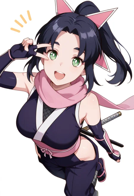 masterpiece,high quality details, ultra realistic, high detailed skin,absurdres,
v over eye,
<lora:Ayaka_Kusagakure:0.8>
ayaka_cnr, 1girl, black hair, long hair, ponytail,parted bangs, sidelocks, green eyes, hair ornament,
bare shoulders, ninja, japanese clothes, kimono, sash,pink scarf,fingerless gloves, elbow gloves, sandals, sheath, pink ribbon,hip vent,, simple background, white background, dynamic angle,solo,, happy,open mouth,