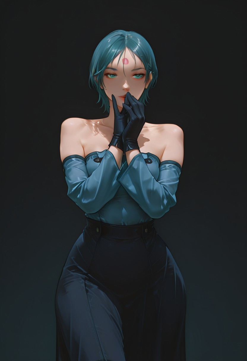 photo of a woman, 1girl, solo, anime-art, Art8st, color theory, hyperdetailed, semi-realistic, semi-realism, darkness, dark background, battle pose, seductive,  Reese, solo, female focus, aqua_blue hair, short hair, forehead red mark, turquoise eyes, curvy body, bare shoulders, blue sleeves,  medium breasts, black gloves, perfect hands, wide hips, long skirt, black skirt, thick thighs,