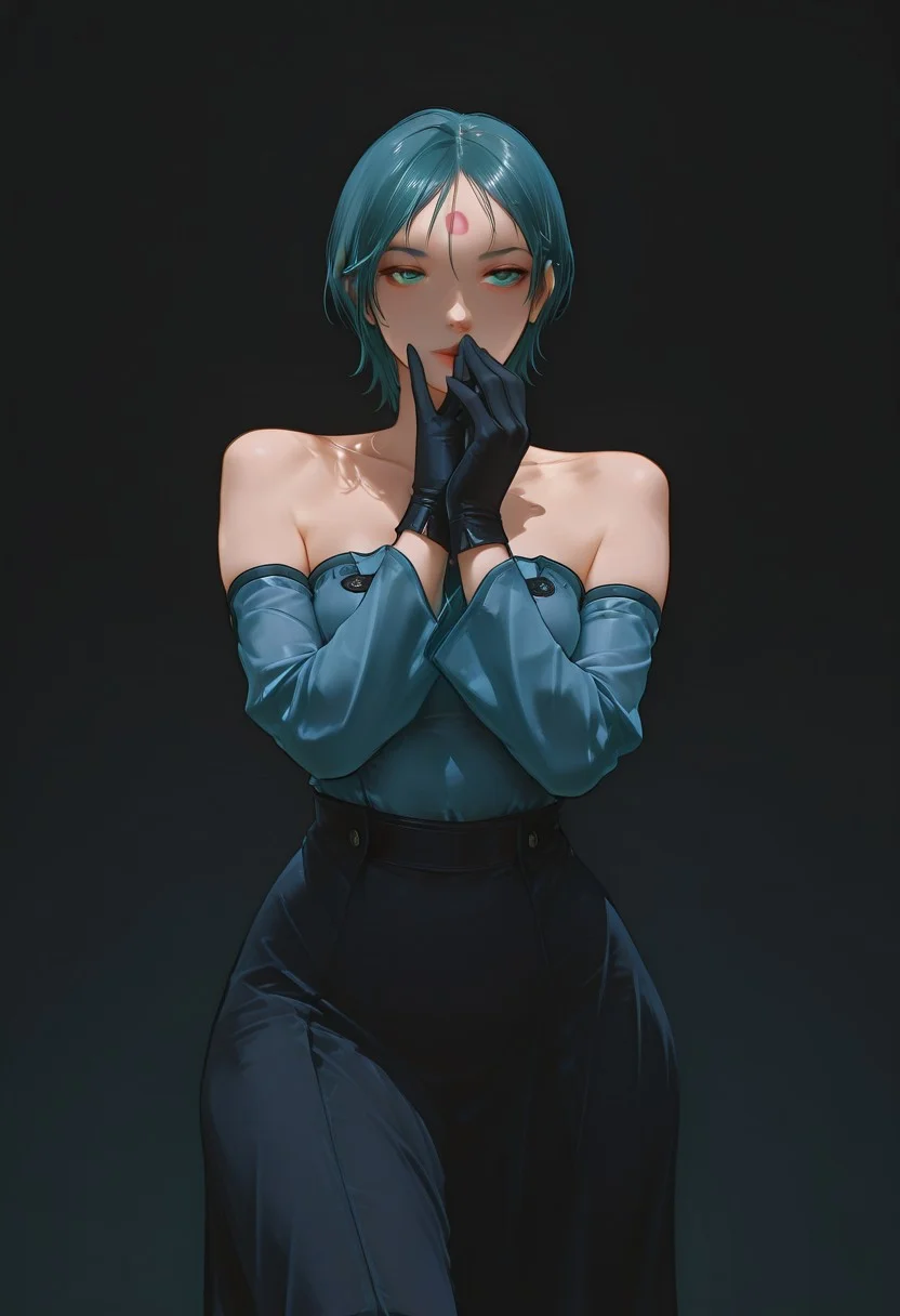 photo of a woman, 1girl, solo, anime-art, Art8st, color theory, hyperdetailed, semi-realistic, semi-realism, darkness, dark background, battle pose, seductive, Reese, solo, female focus, aqua_blue hair, short hair, forehead red mark, turquoise eyes, curvy body, bare shoulders, blue sleeves, medium breasts, black gloves, perfect hands, wide hips, long skirt, black skirt, thick thighs,