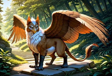 Gryphon, Feral, Beak, Feathers, Fur, Chest Fur, Feathers On The Wings, Fur On The Tip Of The Tail, Correct Anatomy, White Belly, (Fatty Belly:0.5), Detailed Eyes, Best Quality, Shaded, Extreme Detail, Highly Detailed, Ultra Detailed, Intricate, Realistic, Detailed Background, High Definition