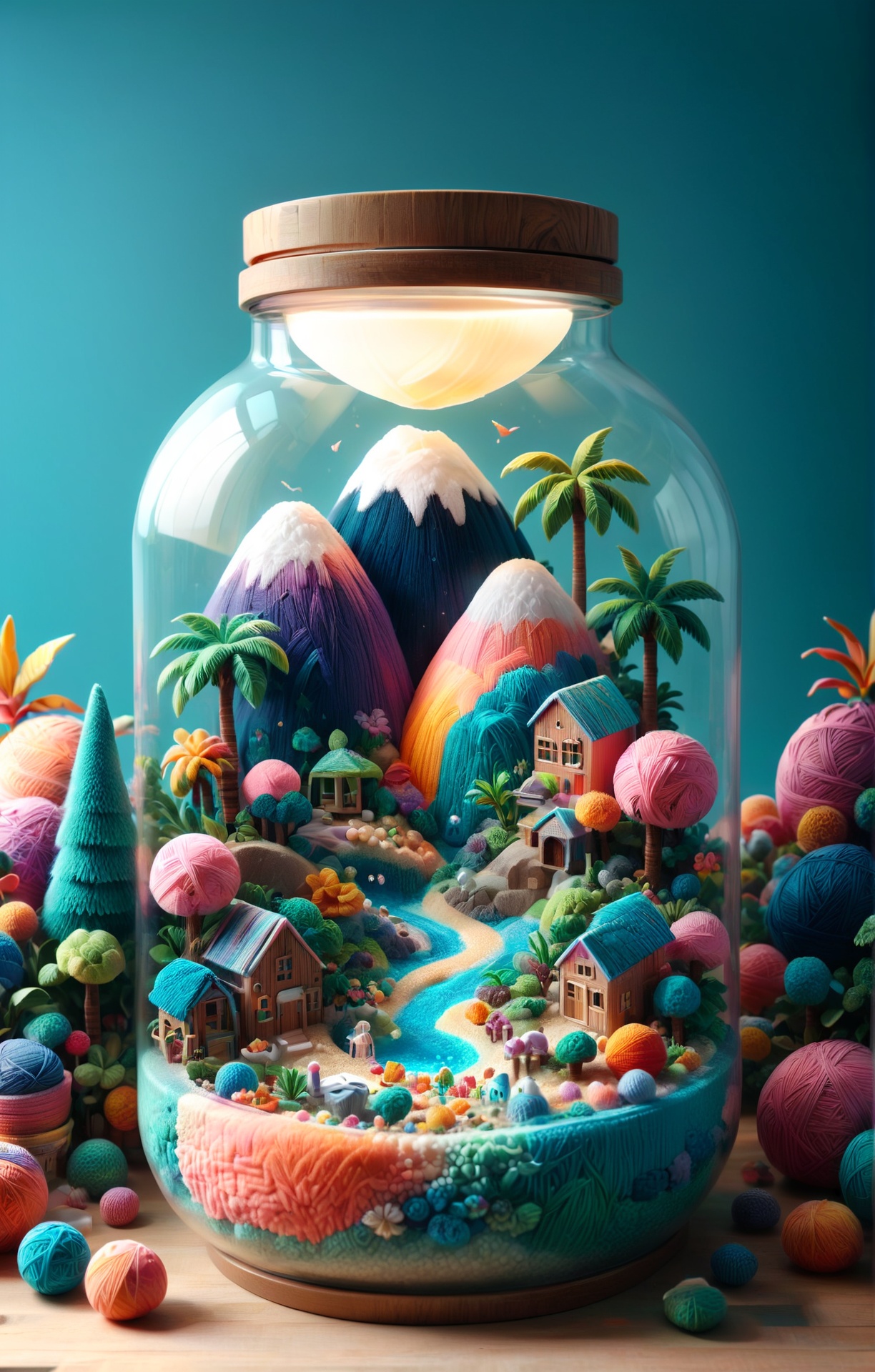 3d isometric, blender render, soft colorful-hued colors, 3d isometric, soft colorful-hued colors, yrnwrld:2, a cute tropical island inside a jar <lora:Yarnworld-000017:1.0> Two tone lighting, abstract geometric gradients, geometric shapes, simple background Two tone lighting, abstract geometric gradients, geometric shapes, simple background