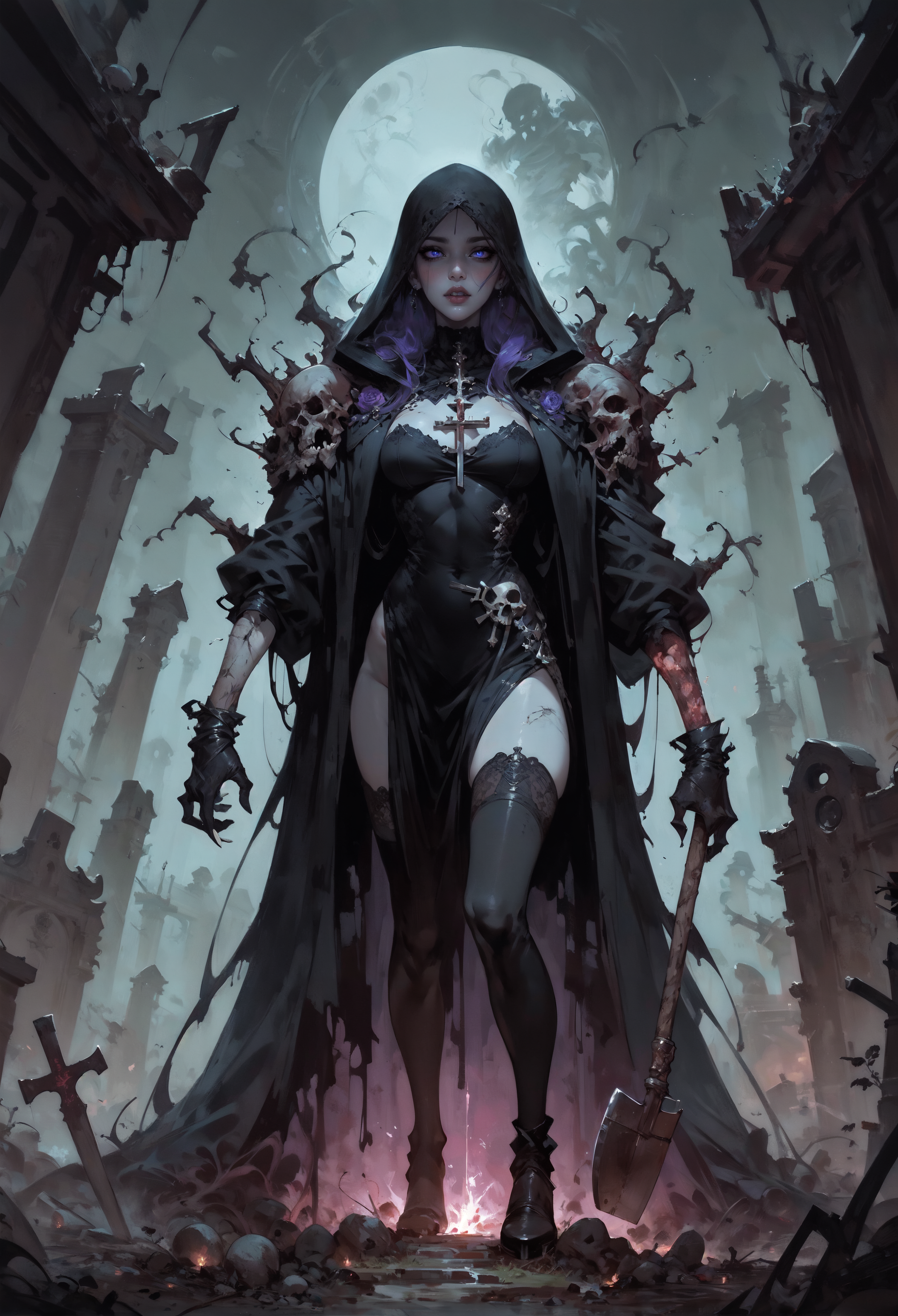 score_9, score_8_up, score_7_up,   1girl, necromancer, dark robes, gloves, thighhighs, dark veil, purple hair, purple eyes, black eyeshadow, black lipstick, in a graveyard BREAK burning crosses, shovel, undead arms coming out of the ground, black flowers, gothic, horror, dynamic view,  <lora:Fant5yP0ny:0.8>  <lora:Concept Art Twilight Style SDXL_LoRA_Pony Diffusion V6 XL:0.8> Concept Art,   <lora:Expressive_H-000001:0.8> expressiveh,   <lora:sinfully_stylish_SDXL>