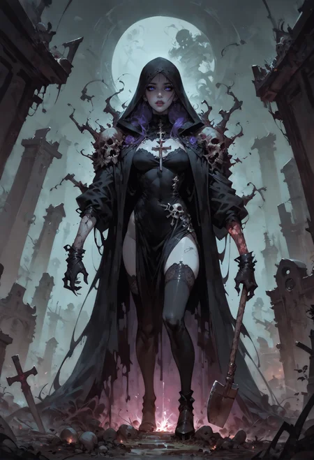 score_9, score_8_up, score_7_up,   1girl, necromancer, dark robes, gloves, thighhighs, dark veil, purple hair, purple eyes, black eyeshadow, black lipstick, in a graveyard BREAK burning crosses, shovel, undead arms coming out of the ground, black flowers, gothic, horror, dynamic view,  <lora:Fant5yP0ny:0.8>  <lora:Concept Art Twilight Style SDXL_LoRA_Pony Diffusion V6 XL:0.8> Concept Art,   <lora:Expressive_H-000001:0.8> expressiveh,   <lora:sinfully_stylish_SDXL>