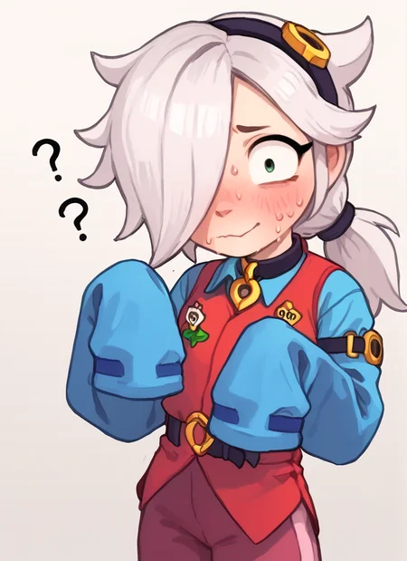score_9, score_8_up, score_7_up <lora:bscolette:1>bscolette , 1 girl , white hair, , ponytail, collar , red vest , blue shirt , long sleeves, purple pants, hair over one eye, hairband, sleeves past fingers, <lora:PossumMachine:1>posmach ,confused, looking at viewer, nervous smile, ??? , blush, sweat, belt