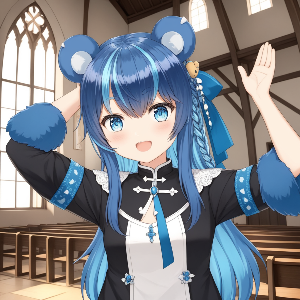 uruka, alternative outfit, bear ears, blue hair, blue eyes, fluff,
indoors, chapel, hands in the air, 
 <lora:URUKA-XL-t4-000004:0.6>
