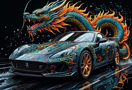 Finely detailed vector illustration, classical sports car, chinese dragon, symbiosis, ultra realistic quality, interwoven pattern, black background, hyperdetailed, intricately detailed, triadic colors,fantastical,intricate detail,splash screen,complementary colors, fantasy concept art, 8k resolution, masterpiece, oil painting, thick strokes, rich strokes, running drops,