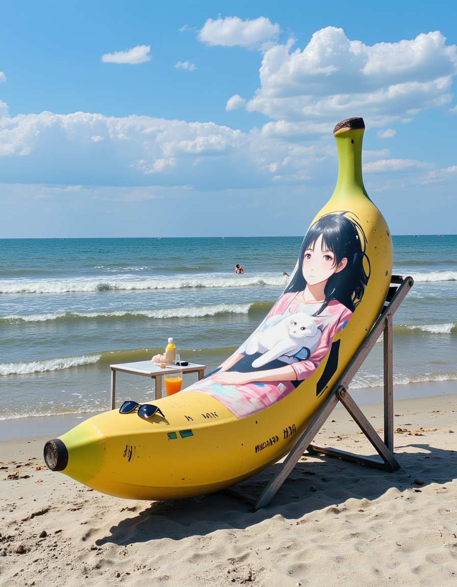 <lora:CWWalls1fluxb:1> wabkg, realistic world, photo. On a beach chair by the sea, on a huge giant cyberpunk banana, there is a colorful painting of a japanese animation woman full body with a white cat. Day with blue sky and white clouds. Waves. Table with orange juice. Sunglasses.