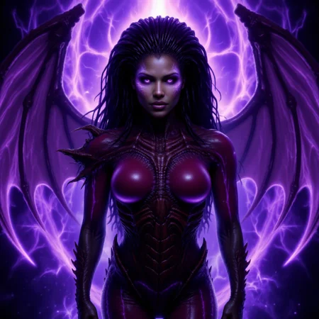 aidmafluxpro1.1, aidmarealisticskin, This is a highly detailed, fantasy photo featuring a powerful, humanoid female figure with a menacing, otherworldly appearance. She stands in the center of the image, surrounded by a swirling, ethereal vortex of dark purple and black cosmic energy. Her skin has a dark, almost black tone, and her eyes glow with an intense, piercing light. She has long, flowing, dark hair that seems to be infused with the same energy as the background, giving it a fiery, electric texture.shot with a sony camera