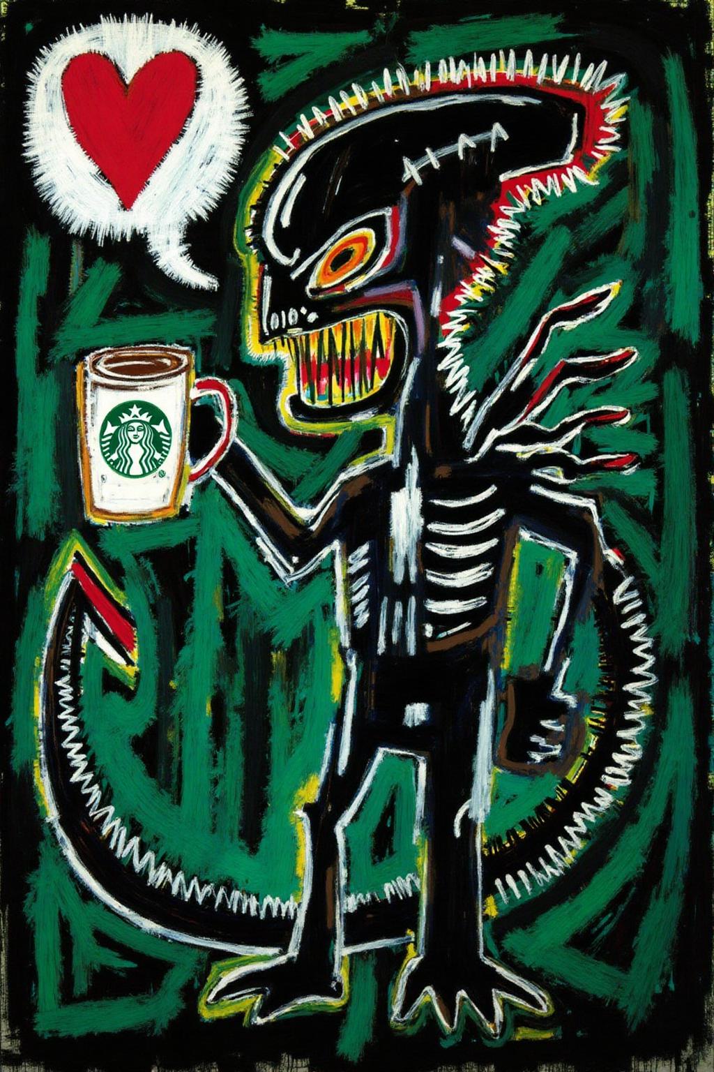 basquiat1 painting
xenomorph is grabbing a starbucks mug, black background, vivid, terrifying, growling, scary, dark mood, speech bubble heart, vivid, colorful, acid green background. <lora:basquiat1_cap_d6a3e11:1.0><lora:835170289504514997:0>