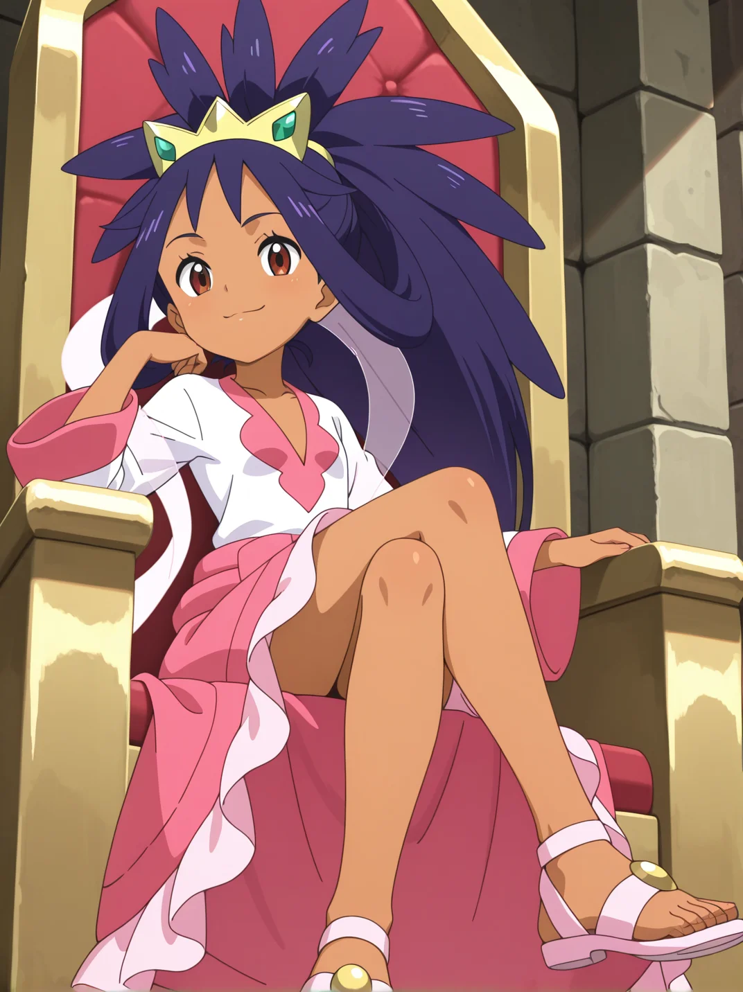 1girl, sitting, on throne, crossed legs, seductive smile, ,from below,from side, looking at viewer,
<lora:iris_champion_2:0.75> iri5cham1on,dark-skinned female, dark skin, brown eyes, purple hair, very long hair, ponytail, spiked hair, hair rings, tiara, green gem tiara,white shirt, pink v-neck, pink sleeve cuff,see-through shawl,middle pink ribbon,pink skirt, light pink skirt edge, golden gem sandal,light pink sandals,, masterpiece, high quality, absurdres, best quality, very aesthetic, newest,