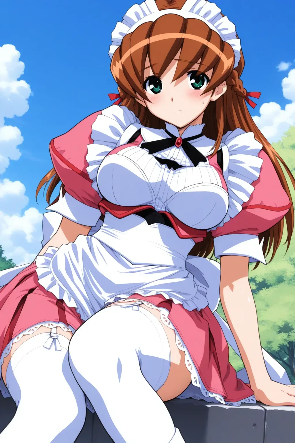 <lora:handmaidmay_may_ilxl:0.9>masterpiece, best quality, handmaidmay_may_ilxlm 1girl, solo , apart legs, general, White thigh-high socks