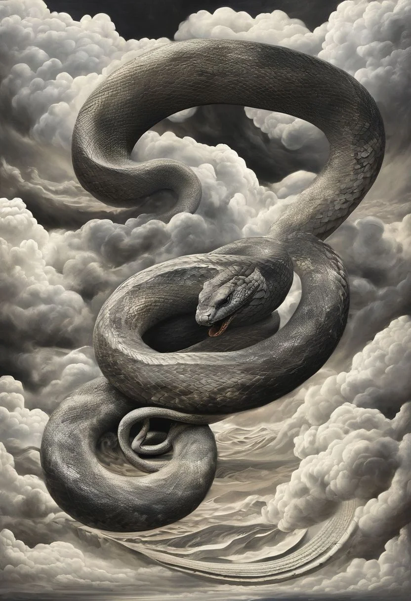 masterpiece, the highest quality,  air element,sky,clouds,in the sky,snake(white),big snake, celestial serpent,storm clouds