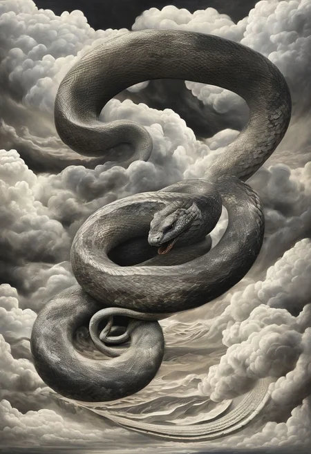masterpiece, the highest quality, air element,sky,clouds,in the sky,snake(white),big snake, celestial serpent,storm clouds