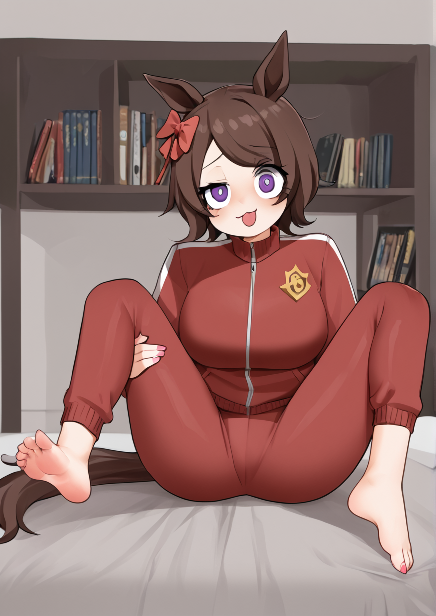 1girl, curren chan (umamusume), huge breast, :q, animal ears, barefoot, bed, bedroom, book, bookshelf, bow, brown hair, crotch seam, feet, full body, hair bow, hand on own leg, horse ears, horse girl, horse tail, indoors, jacket, long sleeves, nail polish, no shoes, open mouth, painting nails, pants, pink nails, purple eyes, raised eyebrow, red bow, red jacket, red pants, short hair, sitting, soles, solo, spread toes, tail, toe scrunch, toenail polish, toenails, toes, tongue, tongue out, tracen training uniform, track jacket, track suit,  zPDXL3, <lora:Lea_Jin:1>