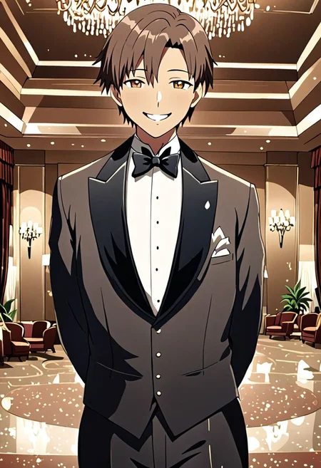 high resolution, solo, best quality, 1Boy, Takaki Toono, Brownish Hair, Brown Eyes, luxury hotel, Ballroom, tuxedo, smile, confident, OverallDetail