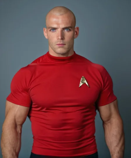 1boy, 20 year old male, Handsome, masculine, blonde, star trek, red shirt, muscle, tall, tight shirt, wide pectorals, big shoulders, wide shoulders, muscular neck, German, standing at attention, bald, big pale blue eyes, abs, biceps, serious facial expression, phaser, hand,
stunf, star trek uniform,