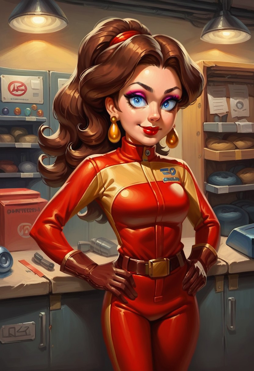 score_9_up, score_8_up, score_7_up, score_6_up, 1girl, solo, A3ro_Paul1ne, brown hair, long hair, ponytail, blue eyes, red lips, eyeshadow, earrings, bodysuit, red gloves, belt, hands on hips. smile, garage interior, painted art, realistic