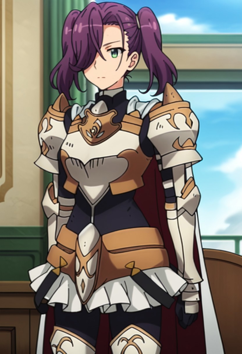 score_9, score_8, score_7, source_anime, rose knight armor, thighhighs, sheathed, twintails, ponytail, hair over one eye, purple hair, sky, pleated skirt, indoors, day