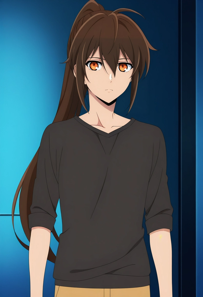 masterpiece, best quality, anime screencap, official style, anime coloring, cowboy shot, 1boy, solo, male focus, <lora:twenty-fifth_bam_ilxl:0.96>, twenty-fifth_bam, brown hair, orange eyes, long hair, ponytail, bangs, hair between eyes