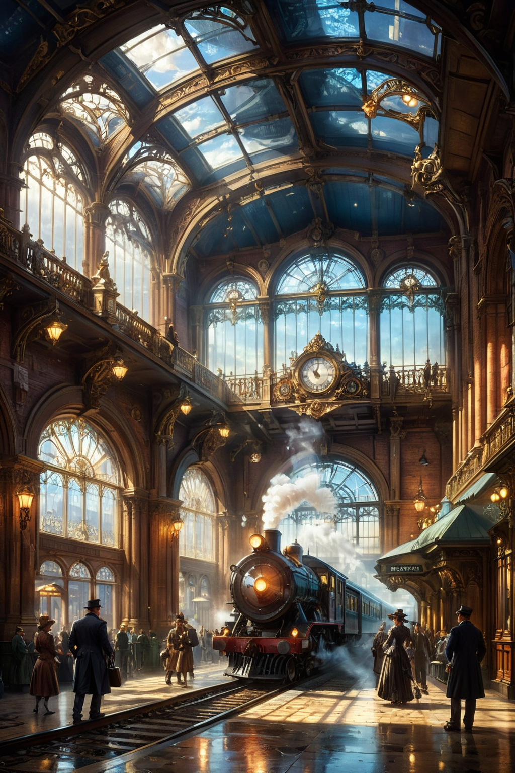 A hyper-realistic, surreal scene of a Victorian-era train station with intricate architectural details, featuring a grand iron and glass roof, ornate lampposts, and bustling activity. The station is filled with people in period clothing, adding to the authentic atmosphere. A steam locomotive, with billowing white steam and gleaming brass fixtures, is seen approaching the platform, ready to come to a halt. The lighting is dramatic, with rays of sunlight piercing through the glass roof, casting a warm, golden glow on the scene. The textures of the stonework, the polished wood, and the metal are captured with stunning detail, creating a vivid, lifelike representation of the era. The overall ambiance is rich and immersive, evoking a sense of nostalgia and wonder. Hyper-realistic, surreal, vibrant, detailed, intricate, authentic, dramatic lighting, lifelike, nostalgic, immersive.
<lora:ral-mtclniscp-sdxl:0.7> ral-mtclniscp,
<lora:add-detail-xl:1.0>,
<lora:EnvyBetterHiresFixXL01:1.0>,
<lora:extremely_detailed:1.0>, extremely detailed,
<lora:EldritchMixIllustration_1.1:0.5>,
<lora:zavy-cntrst-sdxl:0.75> dark, chiaroscuro, low-key,