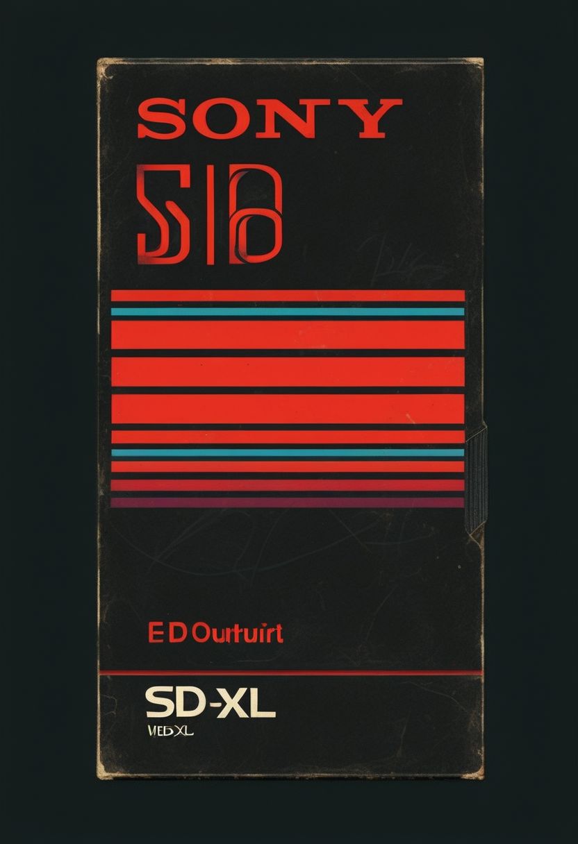vhs-box, text focus, english text, vhs casette, "SD-XL" logo, red stripe, vhs black case, E-180, SONY, retrowave, logo parody, VHS, HIGH QUALITY (text), handwriting, masking tape, 1980s theme, outrun, vaporwave