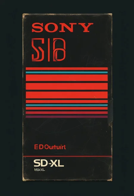 vhs-box, text focus, english text, vhs casette, "SD-XL" logo, red stripe, vhs black case, E-180, SONY, retrowave, logo parody, VHS, HIGH QUALITY (text), handwriting, masking tape, 1980s theme, outrun, vaporwave