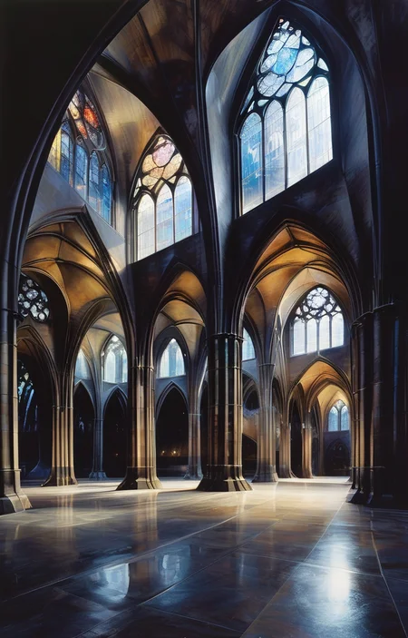 masterpiece,best quality,<lora:tbh307-sdxl:0.9>,illustration,design by Zaha Hadid Gothic revival cathedral with intricate spires and stained glass windows, bathed in moonlight