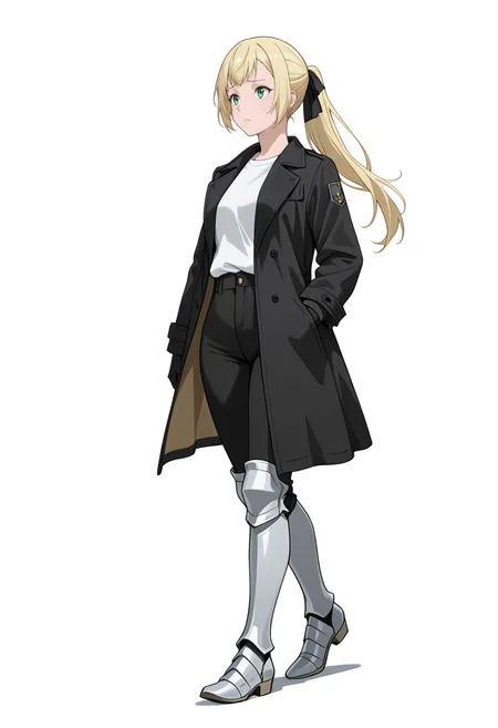 Smooth Quality,masterpiece,very intricate, high quality details, ultra realistic, high detailed skin,detailed enviorement,absurdres,
simple background, white background, 
dynamic angle,walking, one hand in pocket, looking aside, casual, confident,  ,furrowed brow,
 <lora:Rituscnn:0.8> rituscnn, 1girl, blonde hair, green eyes, long hair, ponytail,shirt, white shirt, coat,black gloves, hair ribbon,armored boots,