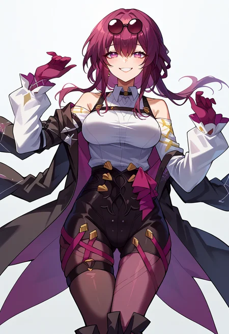 score_9, score_7_up, source_anime, solo, come hither, smile, cowboy shot, BREAK <lora:Degen_Kafka_beta_v1:1> kafka, eyewear on head || white shirt, black jacket, eyewear on head, pantyhose, asymmetrical legwear, bare shoulders, thigh boots