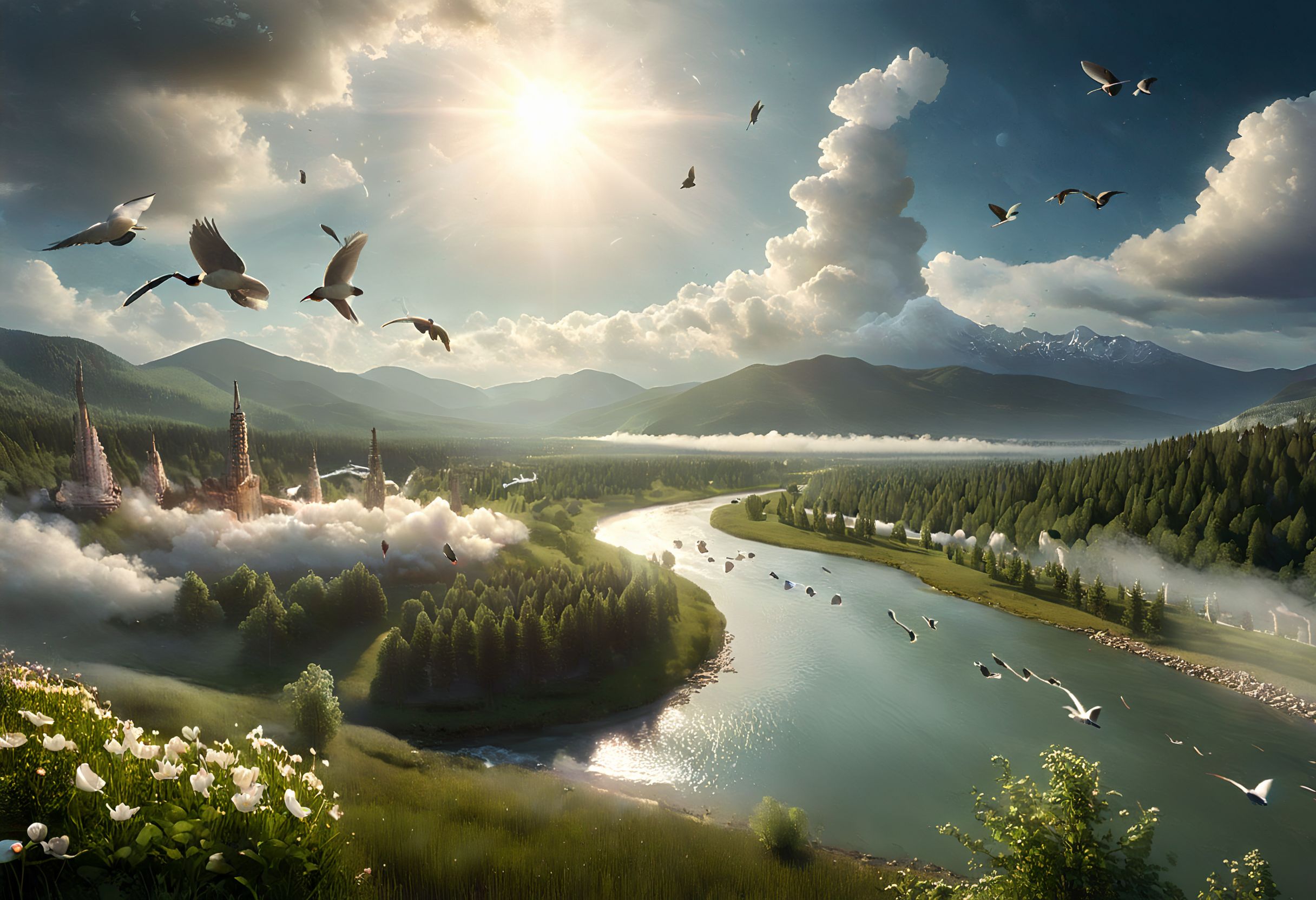 RAW photo, high quality <lora:JJsArchiviz_Birdview_XL:0.5> Birdview of a huge <lora:Nature_Landscape:0.7> 3D N4tur3 L4nsc4p3, forest, hills, mountains, river, windflowers, birds, tree, <lora:Sunburned_Echeveria_Style:0.2> Snbrndchvr,<lora:backlight style:1.0> backlight style, <lora:Hive-City:0.2>,<lora:Kowloon_City:0.1> vast city with <lora:cloud_IL_v1:0.9> cloud, pale, CHCL, character cloud, cumulonimbus cloud, skyline, cityscape, blue sky,<lora:Crepuscular:0.2>,rocket launch,mysterious night with big moon, in , featuring <lora:FN-dream world_XL-V1.0:1.0> Fantasy Dream,<lora:teslapunkXL:0.7>