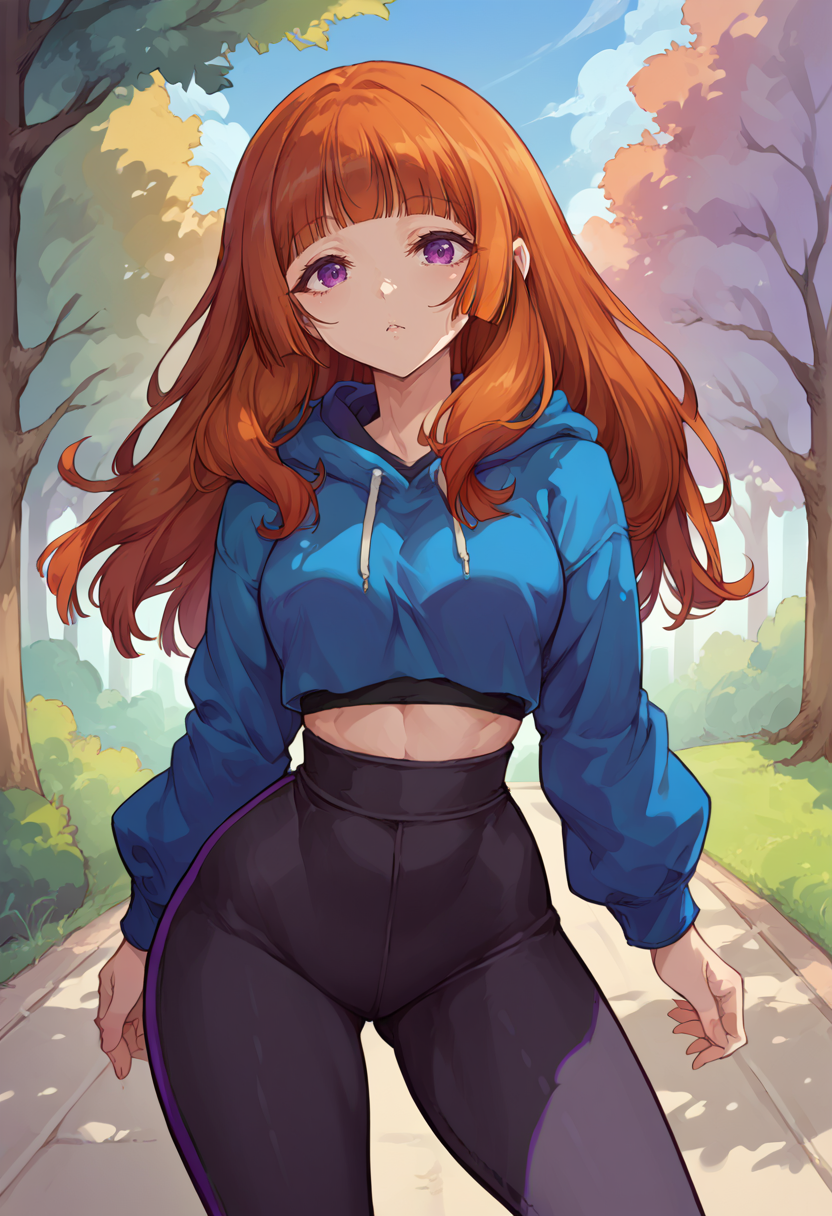 score_9, score_8_up, source_anime, 1girl, solo, AnjuYuuki, purple eyes, orange hair, long hair, blunt bangs, outdoors, park, blue hoodie, high-waist pants, yoga pants, black pants, light blush, <lora:ChamAnjuYuukiPonyXL:1>