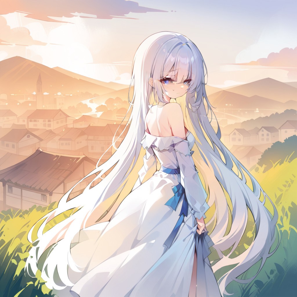score_9, score_8_up, score_7_up, source_anime,((masterpiece, best quality, illustration)), 1girl, very long hair, white hair, blue eyes, white dress, off shoulder, on hill overlooking village