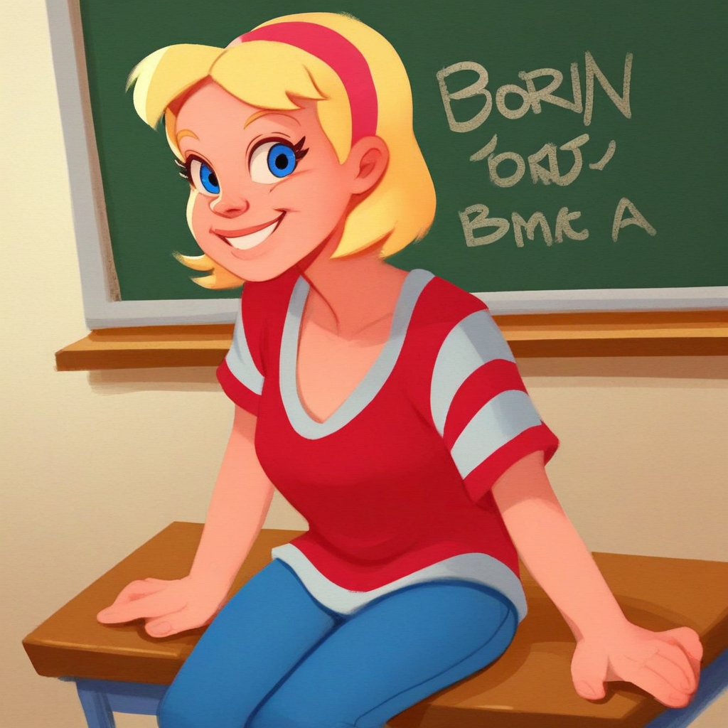 score_9, solo, robyn, blonde hair, hairband, short hair, blue eyes, shirt, jeans, sitting, classroom, looking at viewer, smile