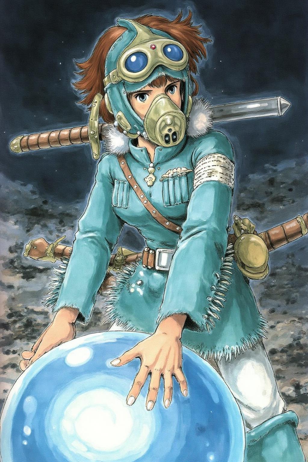 miyaha1 manga illustration 
A young, adventurous young woman with short, tousled brown hair, wearing a teal outfit adorned with white fur trim. She is wearing a gas mask. She has a determined expression and is carrying a sword. The girl's outfit is detailed with intricate stitching and fringes, suggesting a blend of practical and fantastical elements. Her hands are resting on a giant blue glowing orb. <lora:miyaha1_cap_d6a3e12:1.0><lora:818063396109922884:0>