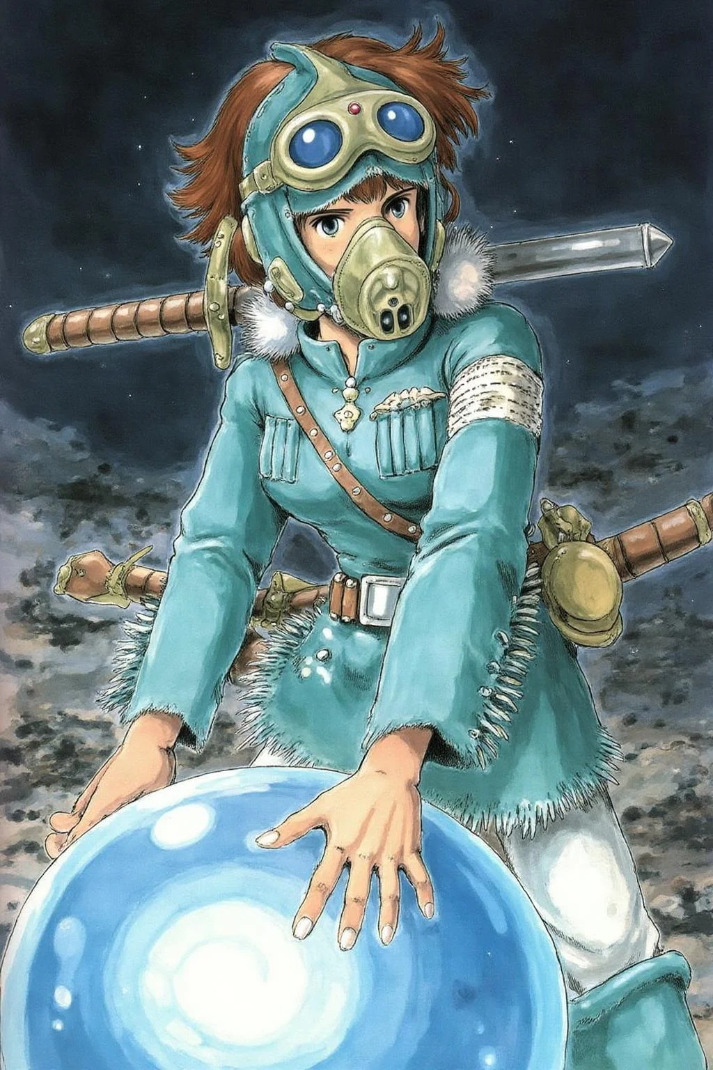 miyaha1 manga illustration
A young, adventurous young woman with short, tousled brown hair, wearing a teal outfit adorned with white fur trim. She is wearing a gas mask. She has a determined expression and is carrying a sword. The girl's outfit is detailed with intricate stitching and fringes, suggesting a blend of practical and fantastical elements. Her hands are resting on a giant blue glowing orb. <lora:miyaha1_cap_d6a3e12:1.0><lora:818063396109922884:0>