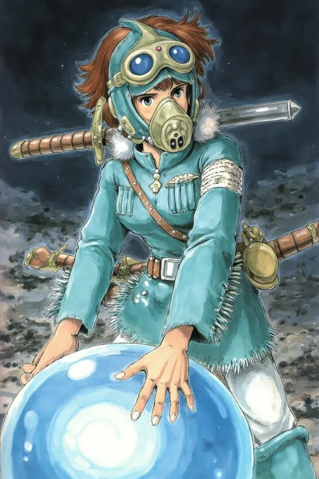 miyaha1 manga illustration
A young, adventurous young woman with short, tousled brown hair, wearing a teal outfit adorned with white fur trim. She is wearing a gas mask. She has a determined expression and is carrying a sword. The girl's outfit is detailed with intricate stitching and fringes, suggesting a blend of practical and fantastical elements. Her hands are resting on a giant blue glowing orb. <lora:miyaha1_cap_d6a3e12:1.0><lora:818063396109922884:0>