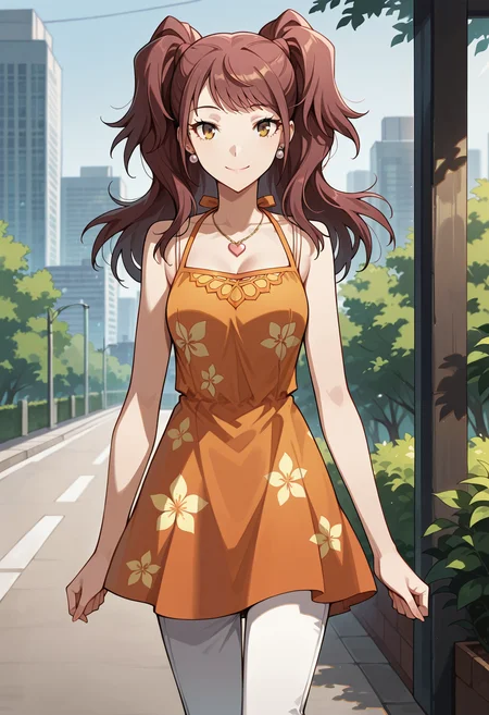 (masterwork, masterpiece, best quality, hyper-detailed),
1 girl, solo,
p4rise, kujikawa rise, twintails, long hair, brown hair, earrings
p4rise-sumcas, heart necklace, pendant, dress, short dress, orange dress, halterneck, spaghetti straps, flower print, pants, capri pants, white pants,
outdoors, cityscape, trees, greenery, standing, cowboy shot, looking at viewer, smile,