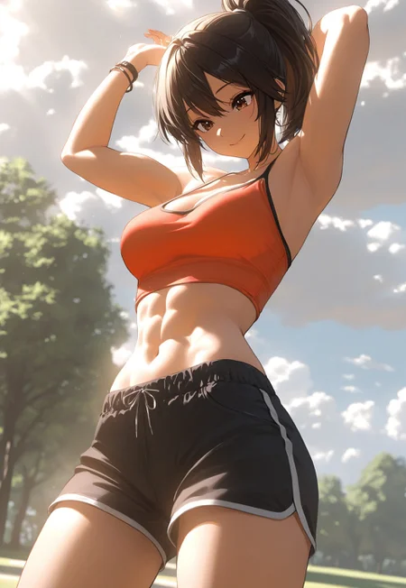 masterpiece, best quality, very aesthetic, absurdres, newest, highres, absurdres, dynamic lighting, sharp focus, depth of field, ambient occlusion, dynamic angle, daytime, outside, cloudy, park, trees, shade, greenery,
1girl, adult, sporty, toned, tanktop, cleavage, midriff, shorts, bracelet, high ponytail, standing, stretching, smile, medium breasts, Enchanting Eyes