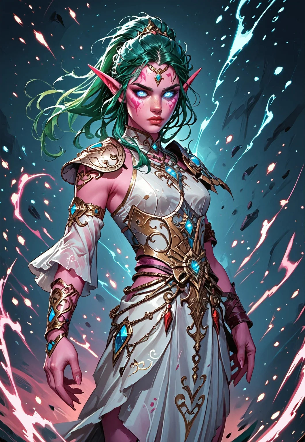 ((zPDXL3)), ((masterpiece,best quality, highly detailed)), ((score_9)), score_8_up, score_7_up, score_6_up, score_5_up, score_4_up, Digital painting style, brushstrokes, ((EnhanceImage)), solo, 1girl, TyrandeWoWXL, pink skin, colored skin, blue eyes, glowing eyes, green hair, long hair, hair ornament, ponytail, forehead ornament, long eyebrows, long pointy ears, medium breasts, armor, jewelry, detached sleeves, single sleeve, single shoulder armor, white dress, single armlet, single guantlet, armored footwear, toeless footweear,
Expressiveh, 30yo, adult lustful confident woman, petite, slender body, perky saggy natural breasts, full lips, bangs, sidelocks, straps,
chinese magical sorceress, animated, swirling magic, wisps of magic, dancing pose, tight squeezed outfit, magical accessories, evoking motion, conveying motion, dynamic splash art,
<lora:PainterlyFantasiaPDXL:0.6>,