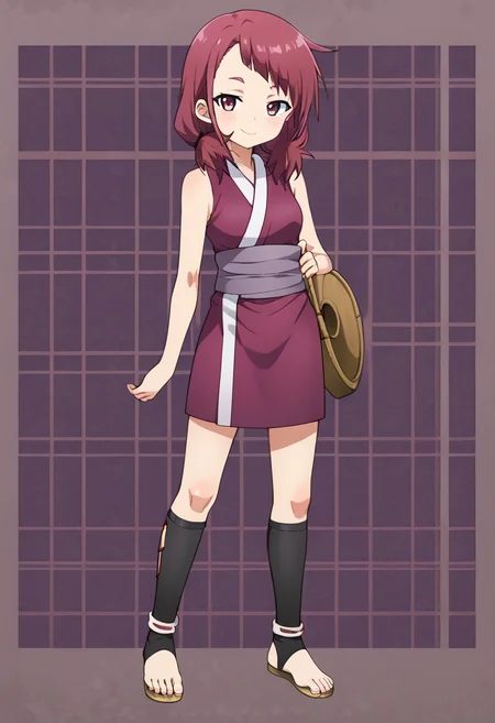 <lora:shakuyako:0.7> shakuyako, smile, looking at viewer, japanese clothes, sleeveless, kneehighs, simple background, full body, toeless footwear,