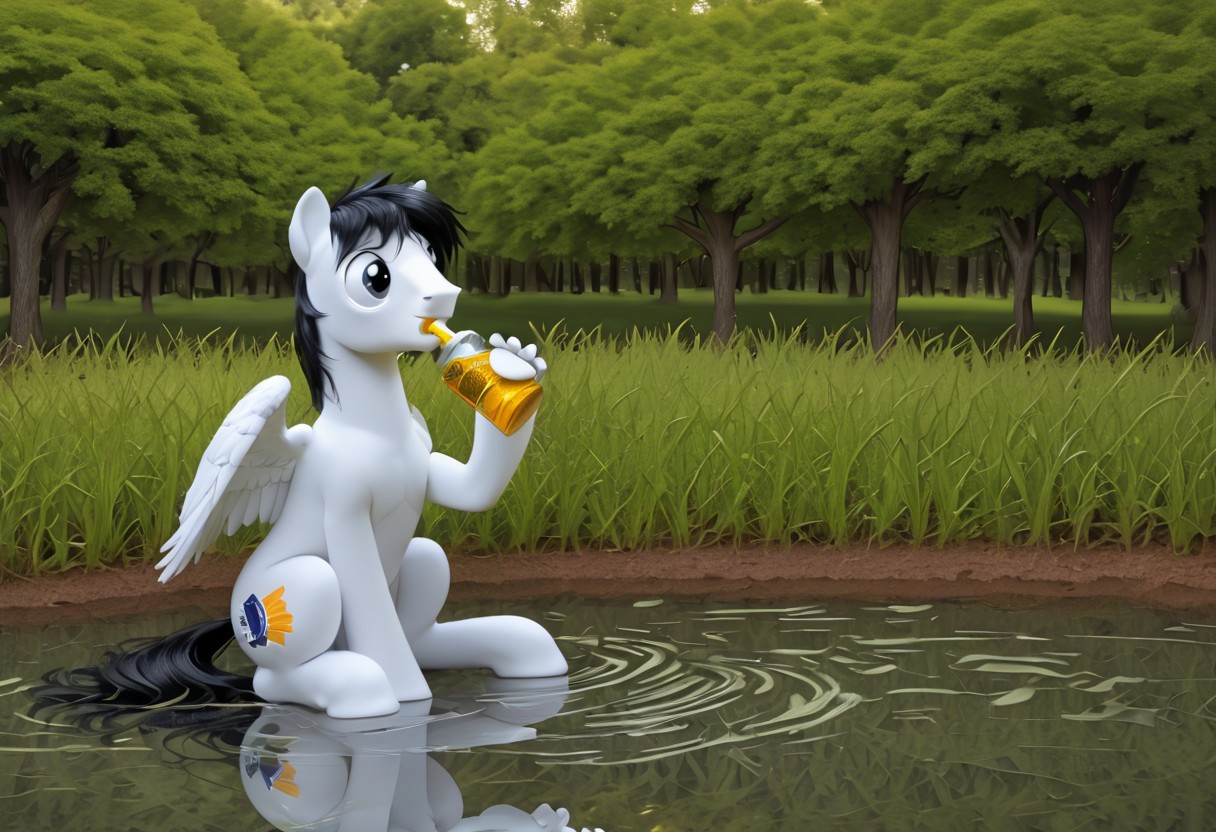 Pegasus drinking water from a stream, Clydesdale white horse, ,oil paint, brush stroke, canvas texture,