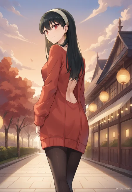 score_9, score_8_up, score_7_up, source_anime, masterpiece, best quality, highly detailed background, cinematic lighting, detailed eyes, detailed pupils, perfect face, Yor Forger, unique outfit, looking back, standing, cute, smile, park, lanterns, festival, clouds, sunset, dark, warm light, dutch tilt, low angle, facing away, walking,
<lora:Yor_Forger_Pony:0.8>